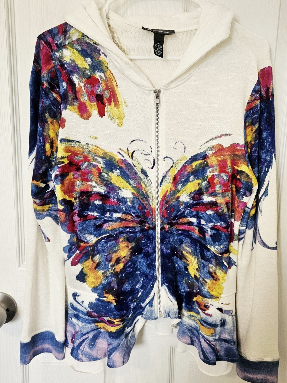 Women's INC White Zip Hoodie with Vibrant Multicolor Butterfly Print